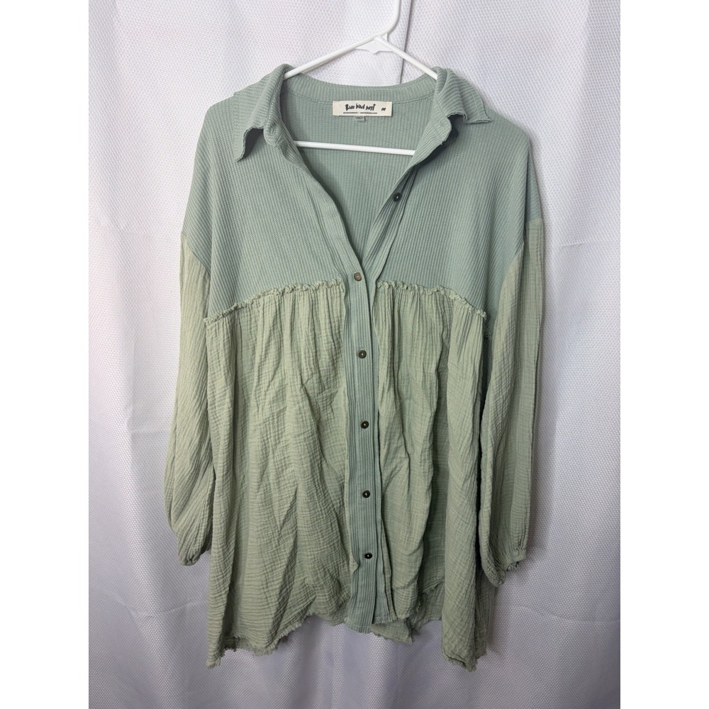 Three Bird Nest Blouse Size Medium Babydoll Oversized Ruffle Stretch